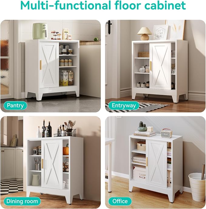 37” H Coffee Bar Storage Cabinet with Sliding Door and Adjustable Shelves,31.5" Wide by 15.8" Deep Small Metal Cabinet,Buffet Sideboard for Living Room Kitchen,White