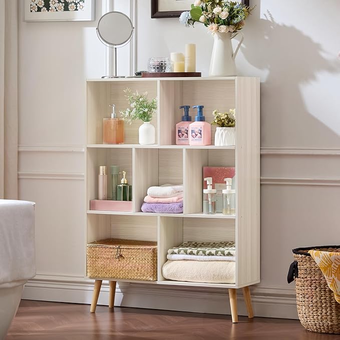 LEYAOYAO Cube Bookshelf 3 Tier Mid-Century Light Grey White Modern Bookcase with Legs,Retro Wood Bookshelves Storage Organizer Shelf,Freestanding Open Book Shelves for Bedroom,Living Room,Office