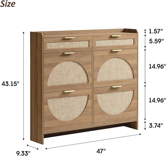 Rattan Shoe Storage Cabinet with 4 Flip Drawers & 2 Drawers, Freestanding Organizer for Front Door Entrance, Hidden Narrow Shoe Rack Cabinet Storage for Entryway, Rustic Oak Rattan