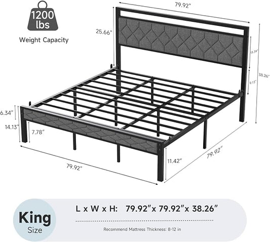 Z-hom King Size Bed Frame, King Bed Frame with Upholstered Headboard, Metal Platform Beds Solid and Stable, Grey, Noise Free, Easy Assembly, No Box Spring Needed