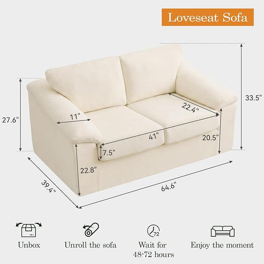 Boneless Loveseat Sofa, Modern Cloud Couch with Deep Seat, Thick Cushion and Curved Armrests, Upholstered Sofa for Living Room, No Assembly Required, Beige