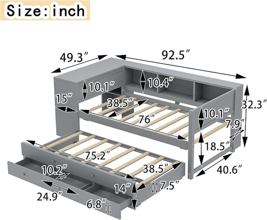 Bellemave Twin Size Corner Bed Frame with Storage Drawers and Desk,Captain Daybed with Bookcase,Corner Bed Frame Twin Size with Trundle for Kids,Teens,Guests,Gray