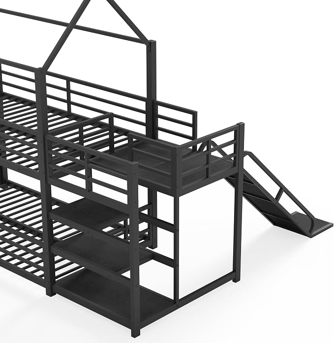 Harper & Bright Designs Metal House Bunk Bed with Slide and Roof, Twin Over Twin Floor Bunk Bed with Staircase and Full Length Guardrails, No Box Spring Required, Noise Free, Space Saving, Black