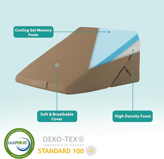 Wedge Pillow for Sleeping, Adjustable 9&12 Inch Foldable Bed Wedge Pillow Set, Orthopedic Memory Foam Triangle Pillows Wedge, 7-in-1 Elevated Pillows for Leg and Back Support, Brown