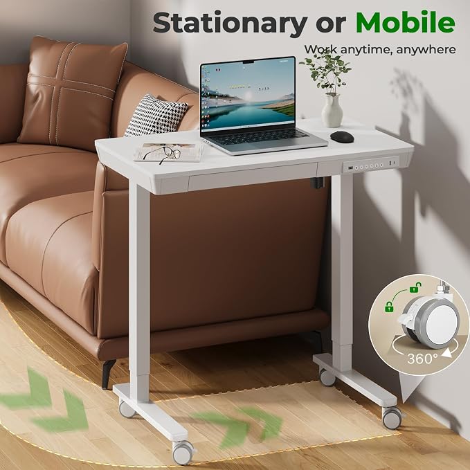 Electric Standing Desk with Drawer, 35" x 20" Whole Piece Tabletop Small Sit Stand Desk, Height Adjustable Desk with Storage & USB Ports, Quick Install Home Office Computer Desk, White