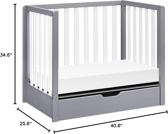 Carter's by DaVinci Colby 4-in-1 Convertible Mini Crib with Trundle Drawer in Grey and White, Greenguard Gold Certified, Undercrib Storage