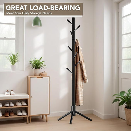Hupmad Wooden Tree Coat Rack Stand,Sturdy Freestanding Coat Rack with 8 Hooks,3 Adjustable Height for Child Adult,Wood Coat Stand Tree Fits Entryway Bedroom Office for Bags,Hats