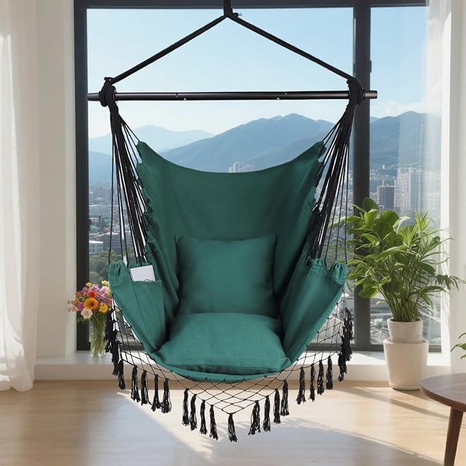 Hammock Chair Hanging Rope Swing Chair,Max 450 Lbs, Large Hanging Chair with Pocket, 2 Cushions, Removable Steel Bar, Hardware Kit Included, Superior Comfort for Indoor Outdoor (Dark Green)