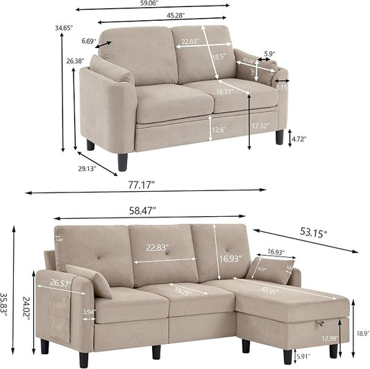 Convertible Sectional Couch Set, 77" L Shaped Sofa with Ottoman and 57" Loveseat, Modern Couches for Living Room, Apartment and Office, Beige