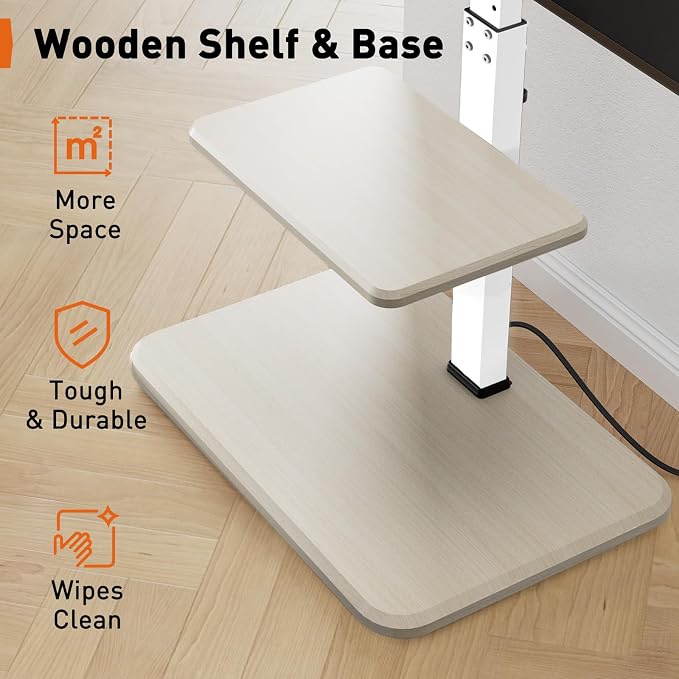 Perlegear Floor TV Stand with Power Outlet, Universal TV Stand for 32-75 inch TVs up to 110 lbs, Tall TV Mount for Bedroom with Shelf, Wood Base, Height Adjustable, Max VESA 600x400mm, White, PGFS06W