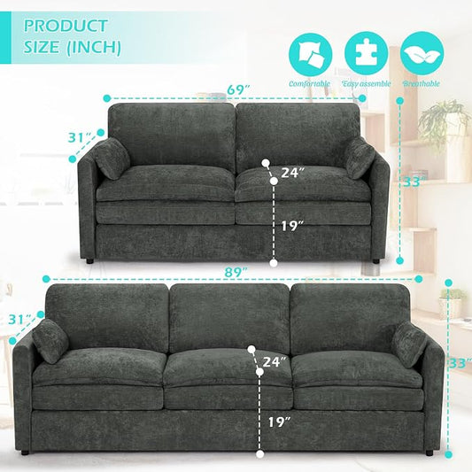2 Pieces Chenille Sofa Set w/Two Throw Pillows, Upholstered Loveseat & 3 Seater Sofa w/Comfortable Back Cushions, Modern 2-Seat & 3-Seat w/High-Density Foam for Living Room, Apartment, Grey