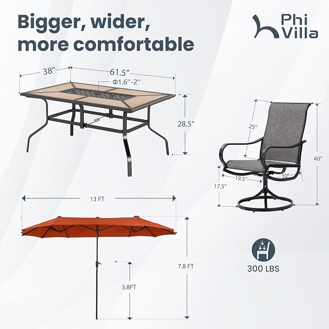 PHI VILLA Patio Dining Set with Umbrella for 6 Person, Outdoor Swivel Dining Chairs Set and 1 Large Rectangular Wooden-Like Top Table with 13ft Orange Red Outdoor Market Umbrella(No Base)