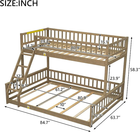 Wood Bunk Bed Twin XL Over Queen Size with Safety Guardrails, Detachable Design Floor Bunk Bed Frame for Kids Teens Boys Girls, Sturdy Slat Support (Walnut-9.30)