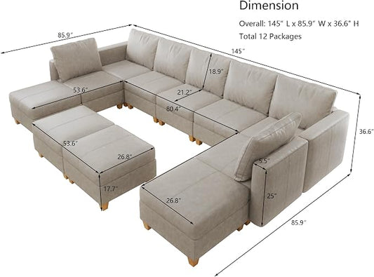 EASE MOOSE Faux Leather Sectional Modular Sofa with Storage,Faux Leather Modular Couch Convertible Sectional Couch,WHITESAND
