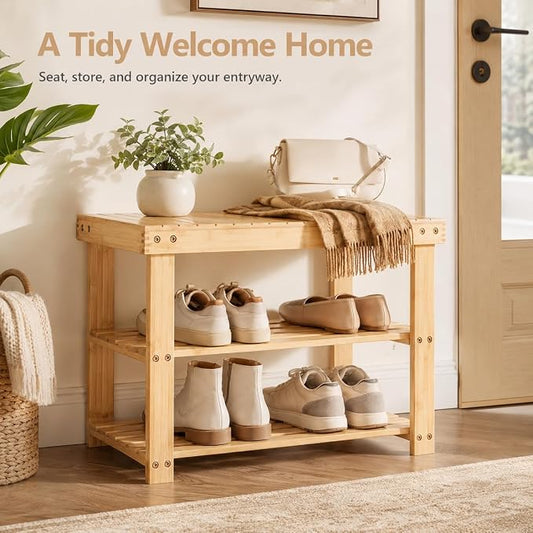 Shoe Rack Bench, 3-Tier Shoe Storage Organizer for Entryway , Shoe Shelf for Small Spaces, Multi-Functional Side Table Plant Stand, Shoe Stand for Bedroom, Living Room, Closet, Front Door, Natural