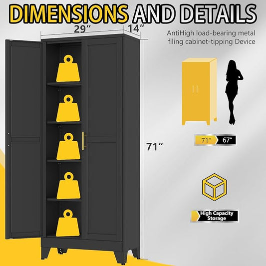 PAOFIN 71" Metal Storage Cabinet with 2 Doors and 4 Adjustable Shelves,Black Metal Garage Storage Cabinets, File Cabinet,Steel Tool Cabinets for Home,Office,Garage,School,Warehouse