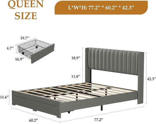 IDEALHOUSE Queen Bed Frame with Wingback Headboard, Velvet Upholstered Platform Bed with 2 Storage Drawers, Vertical Tufted Headboard Design, Wooden Slats Support, No Box Spring Needed, Grey