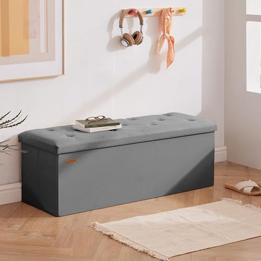 HAUSFRAU Storage Ottoman Bench with Flipping Lid, 43.3 Inches Storage Chest Footsrest, Folding Foot Stool for Entryway, Living Room, Bedroom, Linen Grey