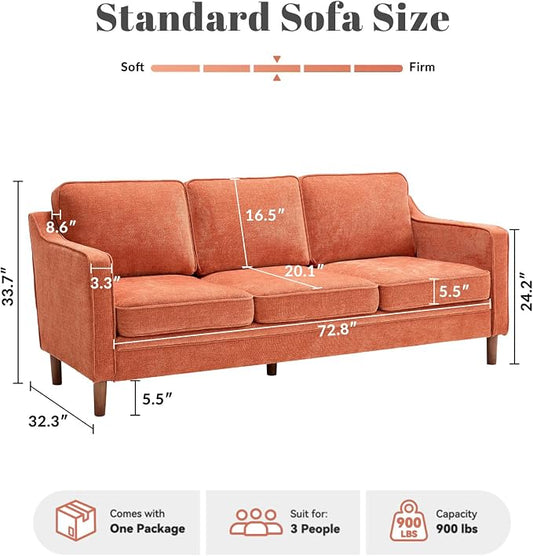 Kingfun 80" Chenille Sofa, 3 Seater Couch, Mid Century Modern Couches with Solid Wood Legs for Living Room Bedroom