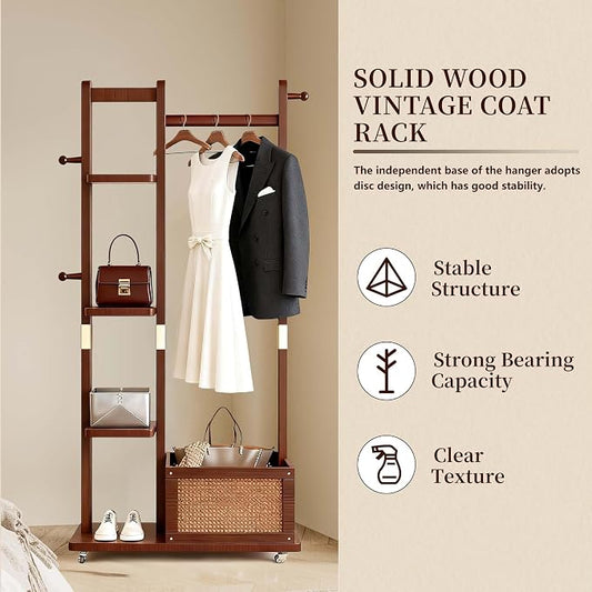 Wood Clothes Rack with Storage, 4 Shelves, 4 Hooks, Garment Rack with wheels, Coat Rack Freestanding, Clothing Rack Heavy Duty Hall Tree for Living Room Hallway, Office (3in1-856)