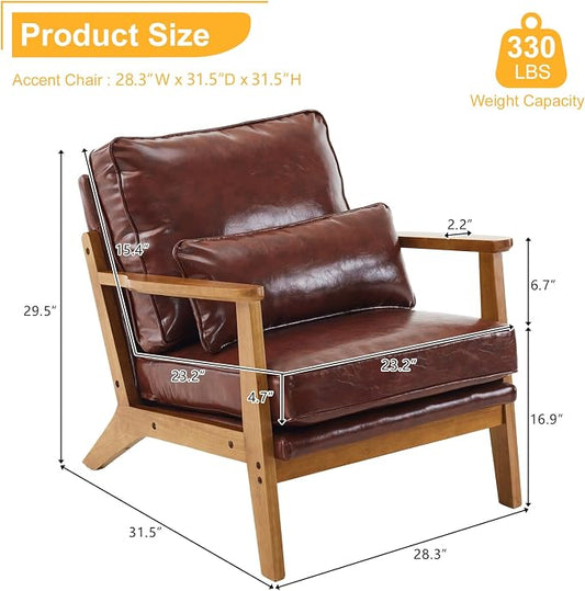 Karl home Mid-Century Lounge Accent Chair, Red-Brown | Wide Curved Armrest, PU Leather, Lumbar Pillow Included, Solid Wood Frame, For Living Room, Bedroom, Balcony, Apartment