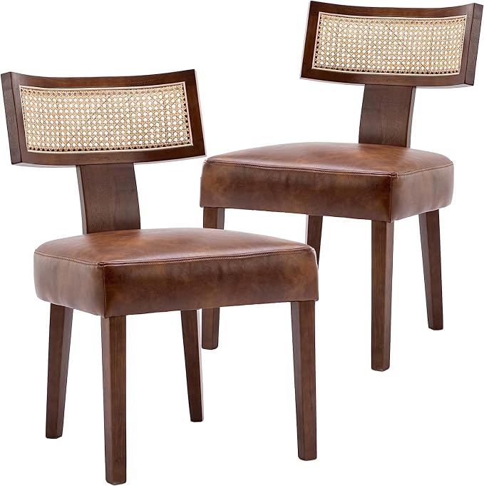 RIVOVA Modern Rattan Back Dining Chairs Set of 2 Rattan Kitchen Chairs PU Leather Upholstered Side Chairs, Modern Kitchen Armless Solid Wood Dining Chairs, Brown