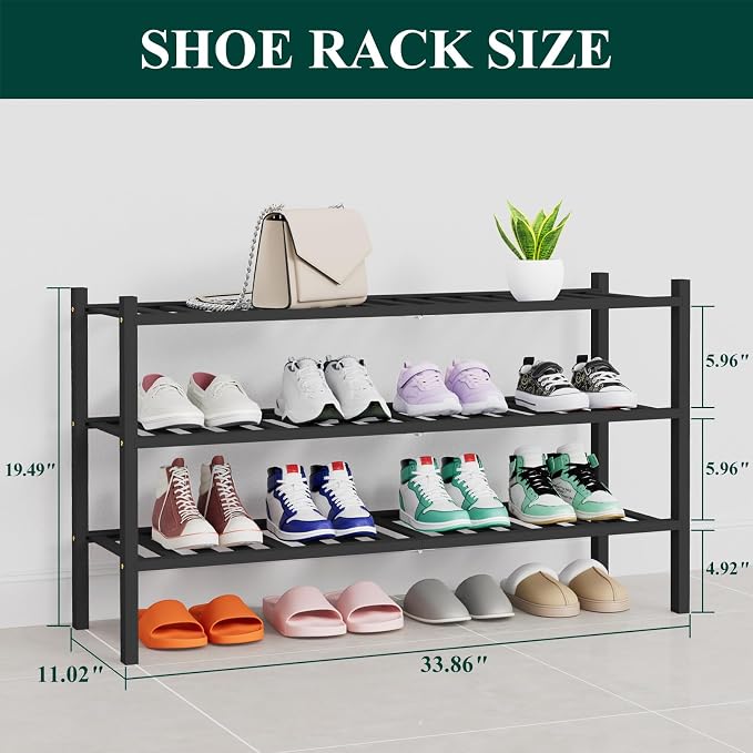 Smiry Long Bamboo Shoe Rack, 3 Tier Free Standing Wooden Shoe Organizer, Stackable Wood Shoe Storage Shelf for Closet, Entryway, 14 Vertical Slats, 2+1 Stack Heavy-Duty Legs, 33.7"x11"x19.5", Black