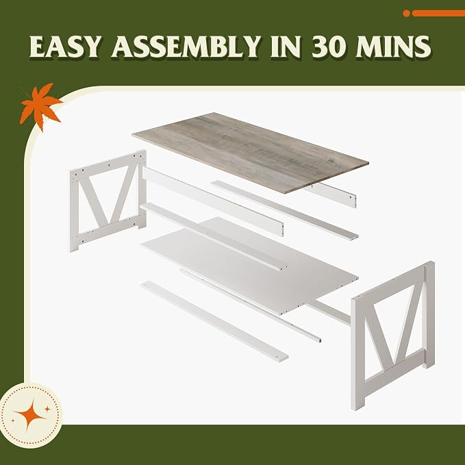 WLIVE Farmhouse Coffee Table, 43" Coffee Table for Living Room, Modern Center Table with Storage Shelf, V Shaped Support, Grey&White