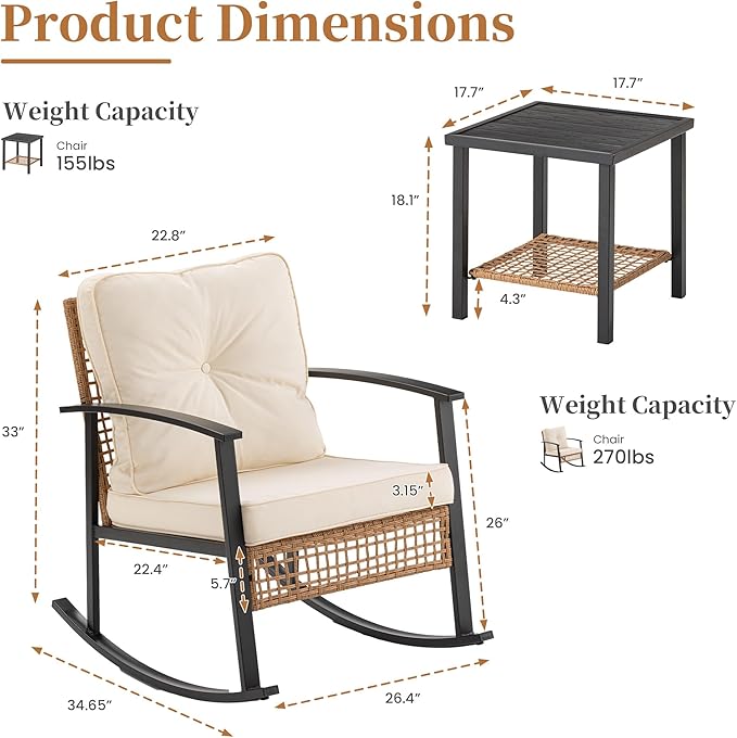 COSIEST 3-Piece Outdoor Rocking Chairs Bistro Set, Rattan Patio Furniture with Thick Warm Beige Cushions & 2-Tier Storage Coffee Table for Garden, Porch, Balcony,Backyard