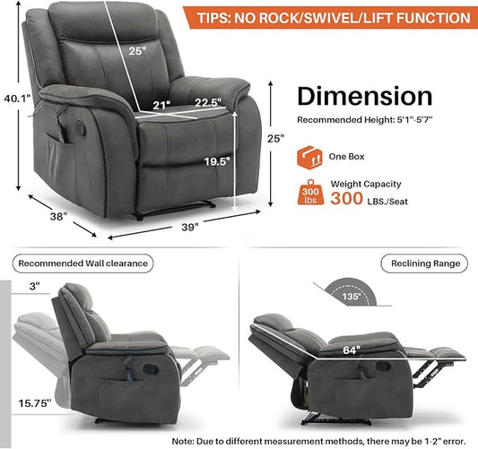 Massage Recliner Chair with Heat, Faux Leather Recliner Chairs for Adults, 39" Wide Manual Reclining Ergonomic Lounge Chair, Overstuffed Wall Hugger Recliners for Living Room, Grey