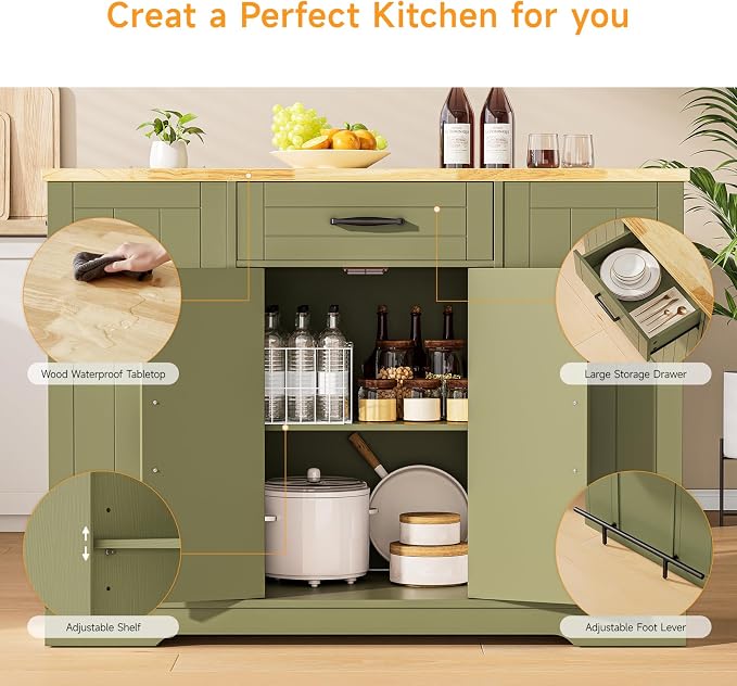 ONBRILL Stationary Kitchen Islands Include 2 Chairs, 47" Kitchen Island with Drop Leaf, Home Bar Table with Spice Rack & with Trash Cabinet, Island Table for Dining Room with Power Outlet, Green