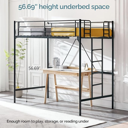VINGLI 71 Inches Tall Loft Bed Twin Size with Flat Ladder Rung for Kids Teens Adults Heavy Duty Metal Single Bunk Bed Loft with Safety Guard Rails for Small Space, Black