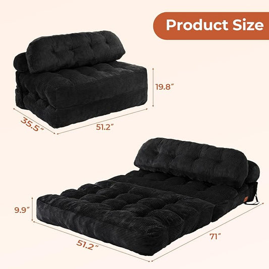 Folding Sofa Bed, Convertible Sleeper Chair with Back Support and Pillow Futon, Boneless Matress, for Living Room/Guest Use/Home Office, Foldable Chair Bed for Adults, Black, Full