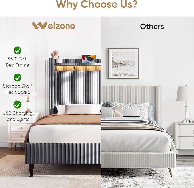 Queen Bed Frame with Tall Headboard, 55.3" Upholstered Platform Bed with LED Lights & Charging Station, Elegant Corduroy Bedframe, 2-tier Storage Wingback Headboard, No Box Spring Needed, Dark Grey