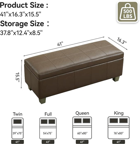 WUTUTUEE 41" Faux Leather Storage Ottoman, Stitch Tufted Rectangle Upholstered End of Bed Storage Bench, Entryway Large Couch Ottoman with Wooden Legs, Coffee