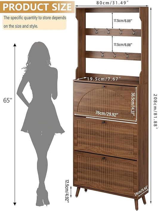 Fsbecl Shoe Cabinet for Entryway with 3 Flip Drawers & Coat Rack, Narrow Hidden Shoe Storage Cabinet with Fluted Panel, 2-in-1 Hall Tree Slim Freestanding Shoe Rack Organizer for Hallway, Walnut