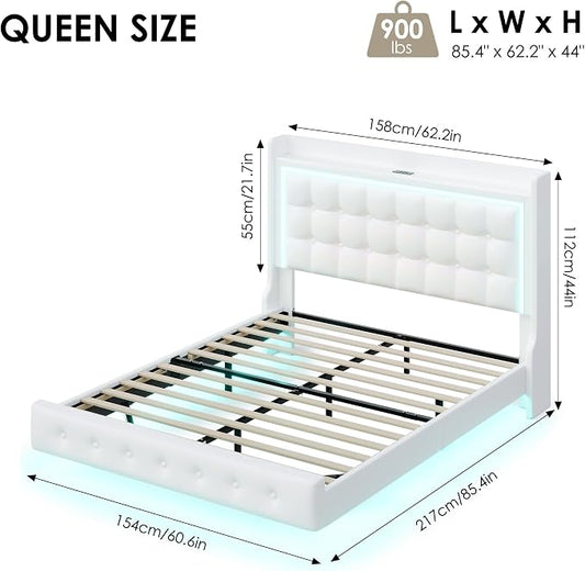 Keyluv Queen Floating Bed Frame with Storage Headboard, LED Lights & Charging Station Platform Bed, Soft Upholstered PU Leather, USB/Type-C Ports, Easy Assembly, White