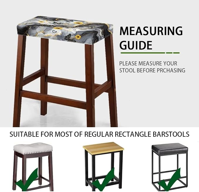 Marble Print Bar Stool Covers Rectangle 2 Pack Stool Covers Rectangular Butterfly Sunflower Stretch Vanity Chair Cover Washable Soft Barstool Covers Slipcovers Saddle Bar Stool Cover