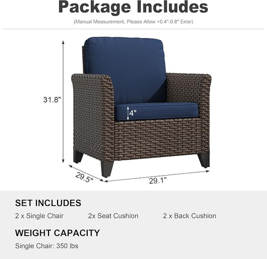 Patio Wicker Chairs with High Back Set of 2, All Weather PE Wicker Outdoor Chairs with Water-Resistant Cushions for Garden, Deck, Porch, Backyard, Balcony