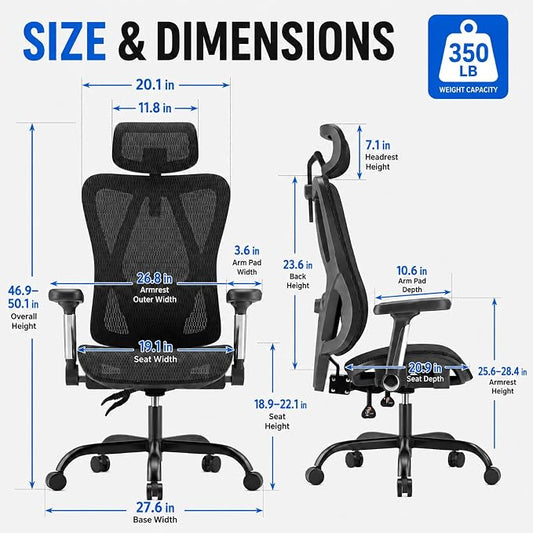Ergonomic Office Chair, Full Mesh Desk Chair with 5D Armrests, Adjustable Lumbar Support and Headrest, 135° Stepless Reclining Backrest, Home Office Computer Chair