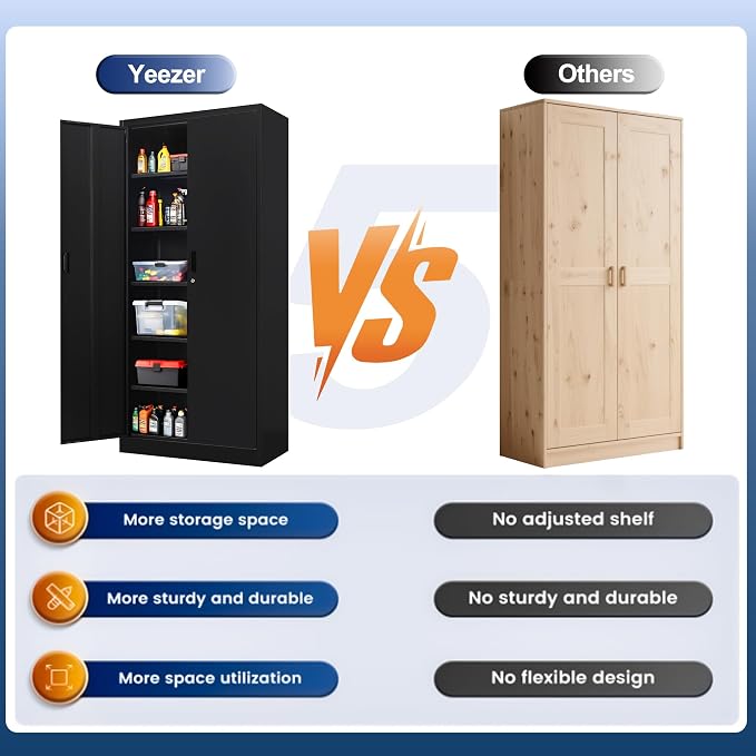 71" H Tall Metal Storage Cabinet with Lock and 5 Adjustable Shelves, Metal Garage Storage Cabinet for Home, Office, Garage, Warehouse Organize, Black