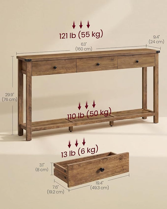 VASAGLE LIRY Collection Narrow Console Table with 3 Drawers and Storage Shelf, Long Sofa Table 9.4 x 63 x 29.9 Inch, Easy Assembly, for Entryway, Living Room, Farmhouse Style, Honey Brown ULNT148K101