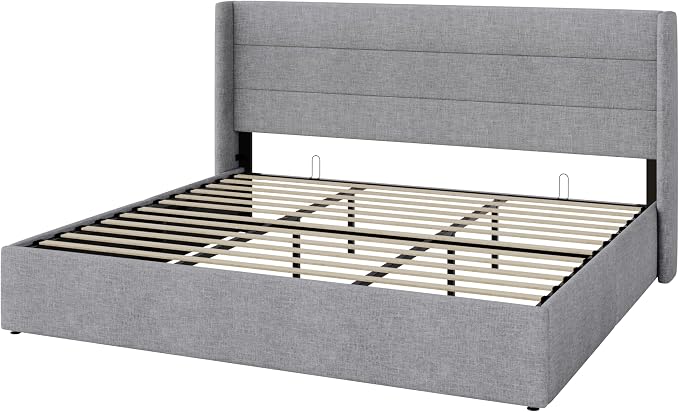 Allewie King Size Lift Up Storage Bed, Modern Wingback Headboard, Hydraulic Support, No Box Spring Needed, Light Grey