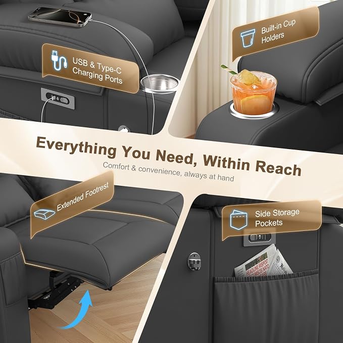 Power RV Loveseat Recliner Sofa, Reclining Loveseat Home Theater Seating with USB Ports, Cup Holders, Wall Hugger Recliners for Movie Room, Recline Movie Seats Gaming Sofa, Gray