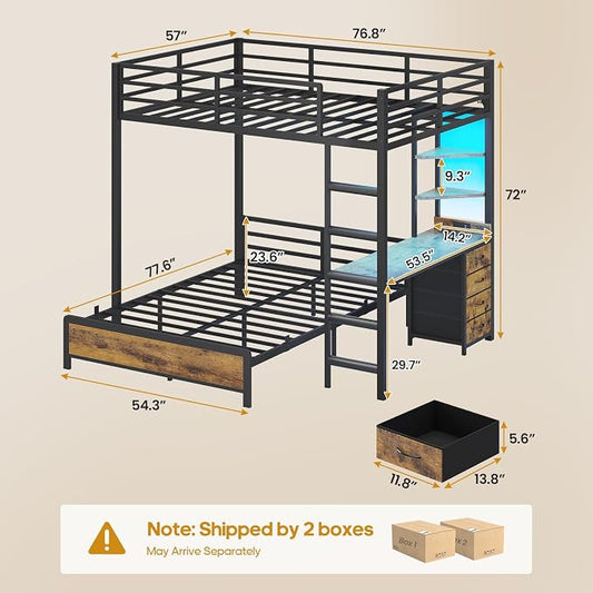 ADORNEVE Bunk Bed with Desk, Full Over Full Bunk Beds with Charging Station & Led Lights, 4 Storage Drawers & 2 Open Storage Shelves, Metal Loft Bed with Safety Guardrail & Ladder for Kids/Teen, Black