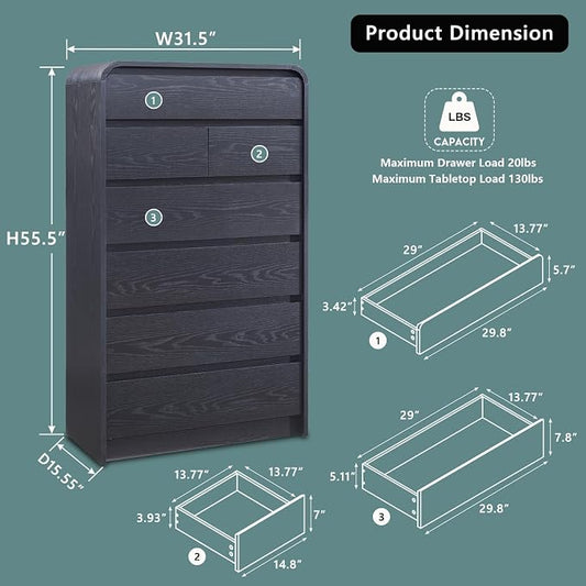 Aitjunz Modern 7 Drawers Dresser for Bedroom, 55" Tall Dressers & Chest of Drawers w/Curved Profile Design, Wood Mid Century Vertical Storage Dressers Organizer for Bedroom, Living Room, Black