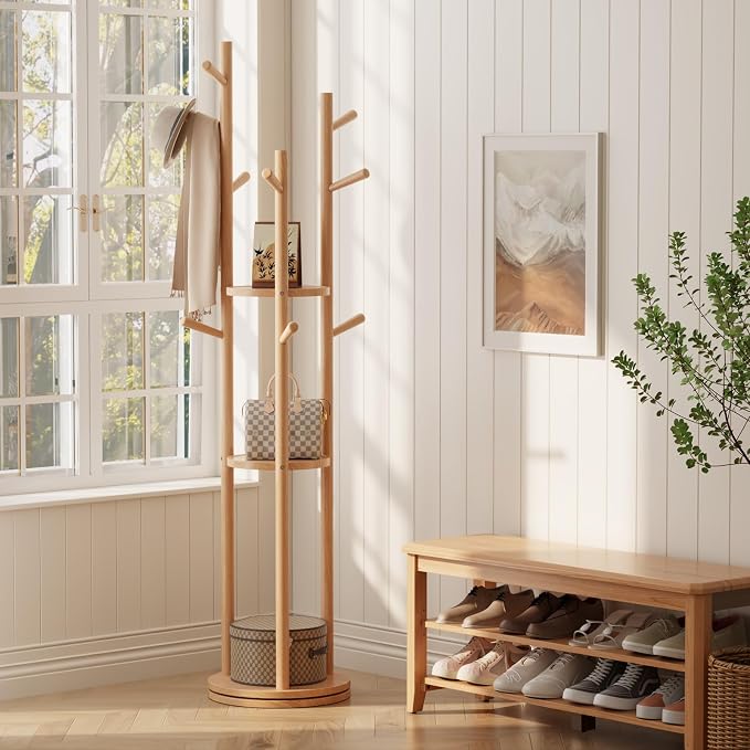 Muwuele Solid Wood Rotary Coat Rack, Freestanding Coat Rack with 3 Shelves and 9 Hooks, Coat tree for Bedroom, Entryway, Livingroom, Coat Hanger Stand for Coats, Scarves, Handbags (Natural)