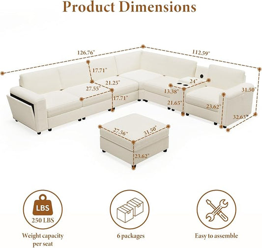 Vesgantti Oversized Modular Sectional Sofa, 6-Seater Chenille L Shaped Modular Sofa with Ottoman, 2 Cup Holders, USB Port, Storage Box, Sectional Couches for Living Room, Meeting Room, Beige