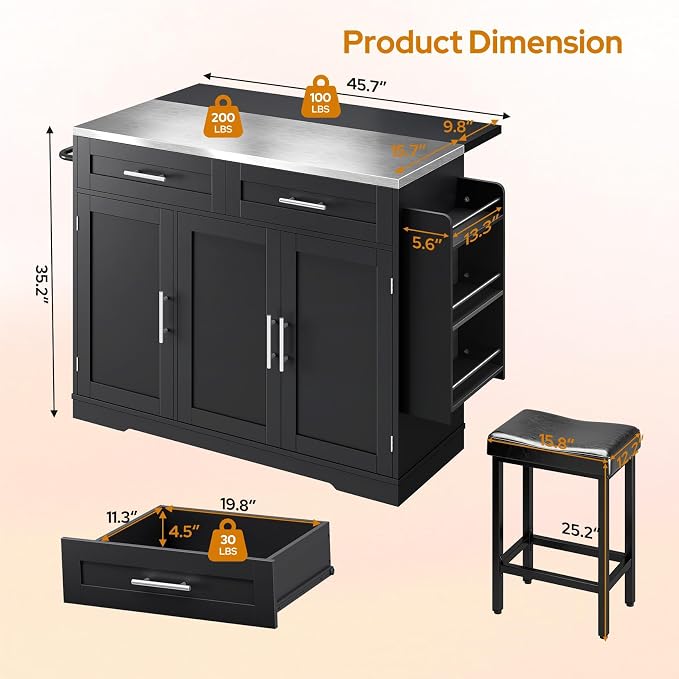 Concho 56'' Kitchen Island with Seating and Stainless Steel Countertop, Rolling Kitchen Carts on Wheels with Folding Drop Leaf, Bar Stool, Power Outlet, Spice/Towel Rack, Black