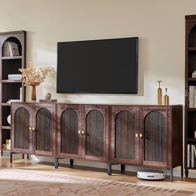 IFGET Modern Buffet Cabinet with Storage, 92.63" W Fluted Arched Sideboard Cabinet w/Adjustable Shelves, Wooden Modular Coffee Bar for Dining Room, Kitchen, Living Room, Entryway, Brown